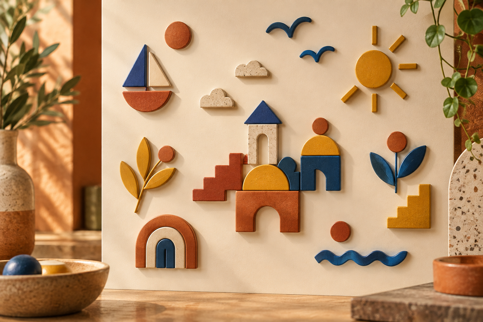 tiny colourful geometric magnetic sculptures on a cream vertical board, terracotta cobalt and saffron, conceptual editorial art